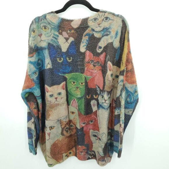 Cotton/Wool Oversized Cat Print Sweater OS Multicolor - Picture 2 of 16